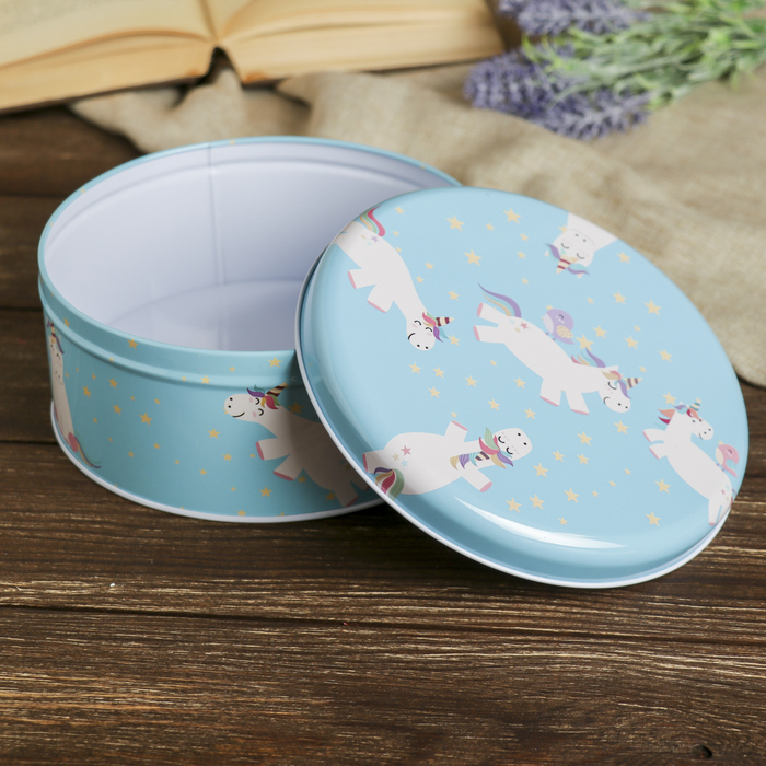 Шкатулка металл круг "Летающие единороги" 7,8х17,5х17,5 см