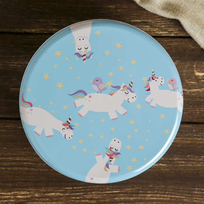 Шкатулка металл круг "Летающие единороги" 7,8х17,5х17,5 см