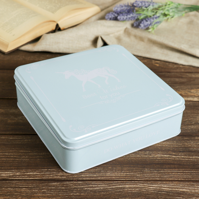 Шкатулка металл квадрат "Единорог на голубом" 6,5х21,5х21,5 см