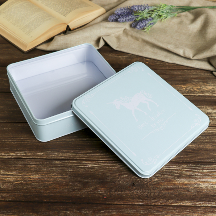 Шкатулка металл квадрат "Единорог на голубом" 6,5х21,5х21,5 см