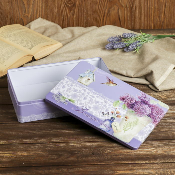 Шкатулка металл прямоугольник "Лаванда и гортензия" 7х30х20 см