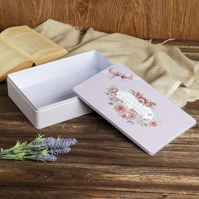 Шкатулка металл прямоугольник "Королевские пионы и горошек" 7х30х20 см