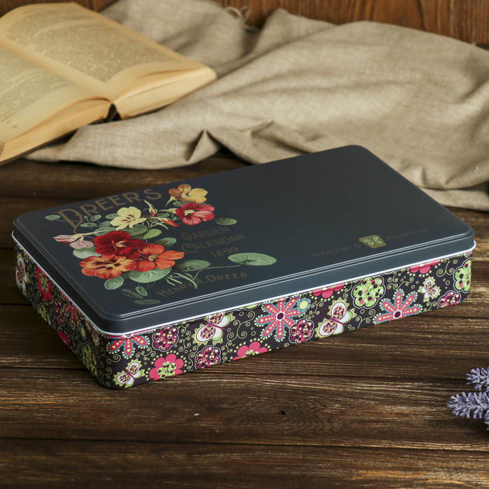 Шкатулка металл прямоугольник "Анютины глазки на сером" 6,5х34х20,5 см