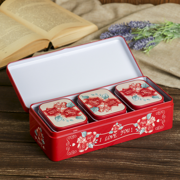 Шкатулка металл прямоугольник "Букет роз. Love" (набор 4 шт) 6,7х25х11 см