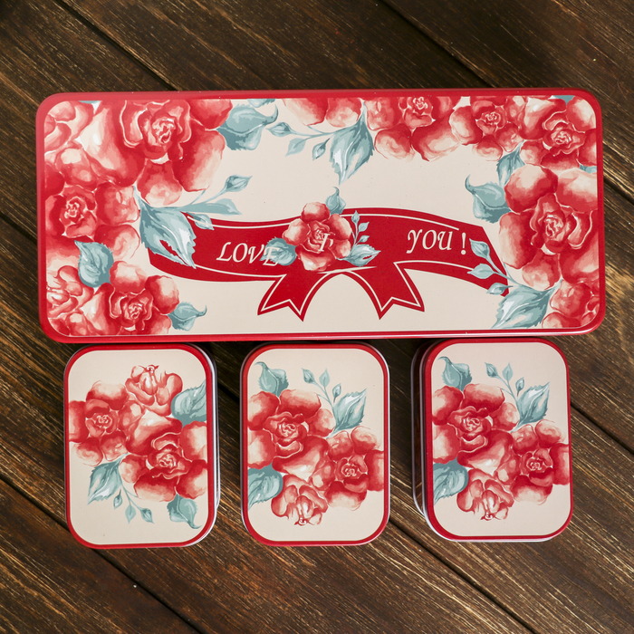 Шкатулка металл прямоугольник "Букет роз. Love" (набор 4 шт) 6,7х25х11 см