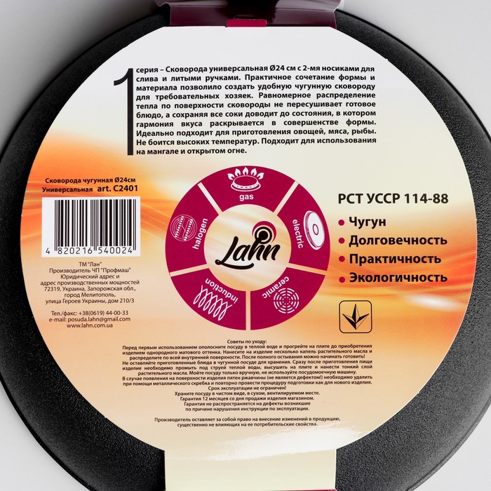 Сковорода чугунная 24x5 см, с двумя сливами