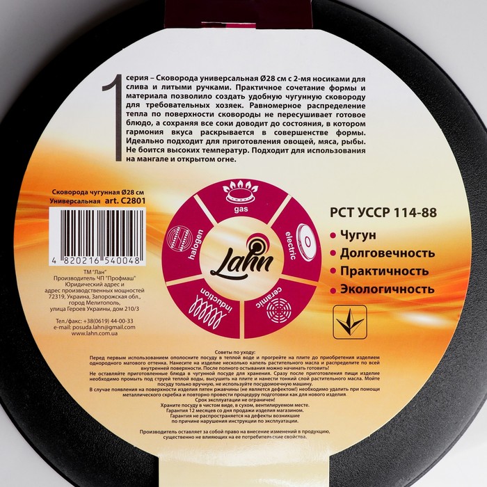 Сковорода чугунная 28x6 см, с двумя сливами