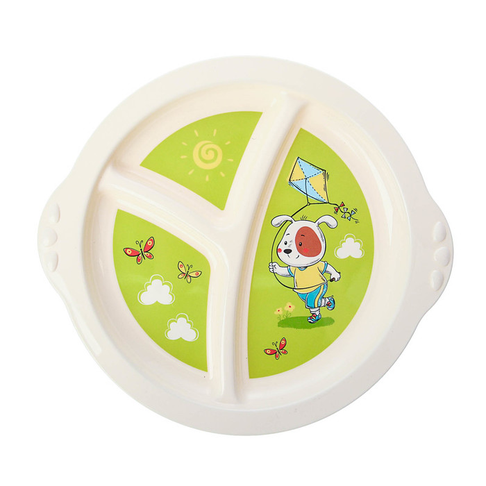 Тарелка детская трехсекционная с зеленым декором (бежевый)