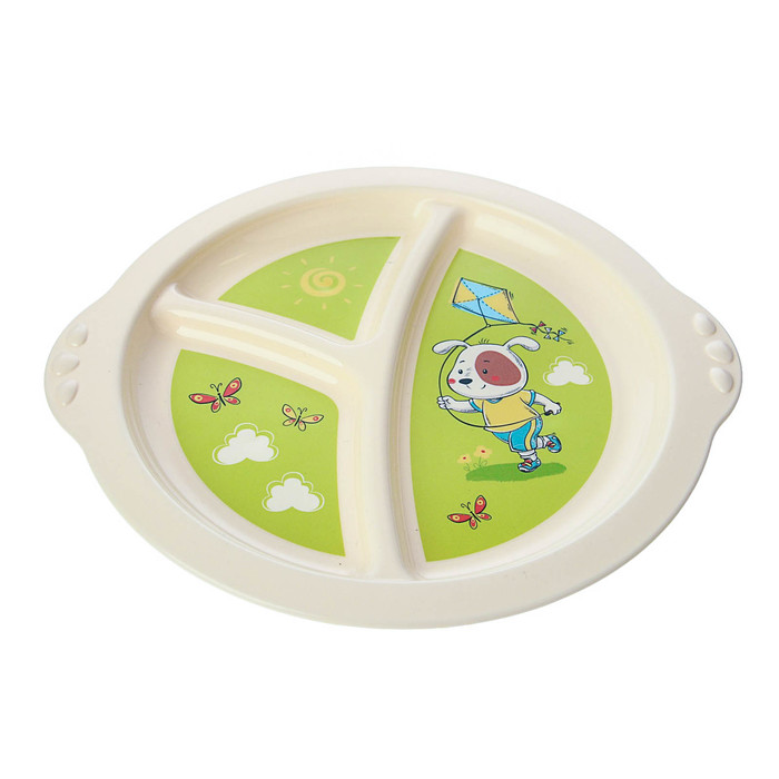 Тарелка детская трехсекционная с зеленым декором (бежевый)