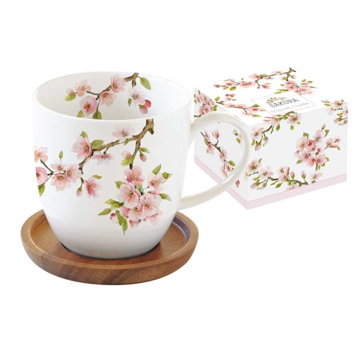 Кружка с крышкой-подставкой из акации «Японская сакура» 350 мл, в подарочной упаковке