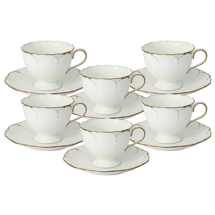 Набор чайных пар «Белый с золотом» 12 предметов на 6 персон, 200 мл