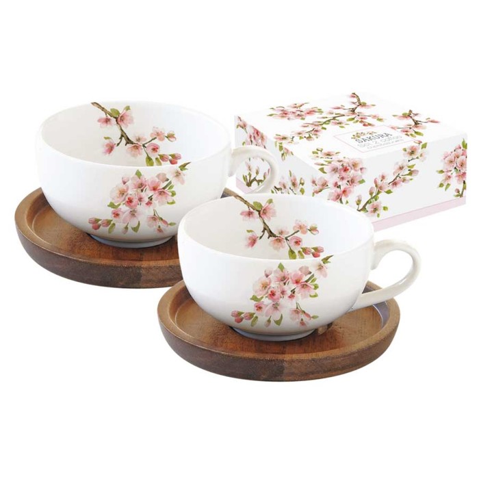 Набор чашек для кофе с крышками/подставками из акации «Японская сакура» 120 мл, 4 предмета