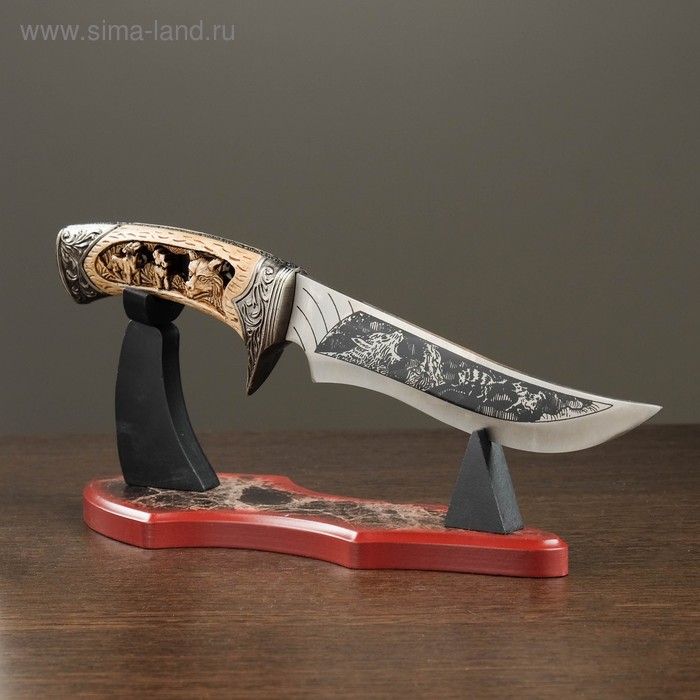 Нож на подставке с волками, металл, дерево, 12,5х30 см