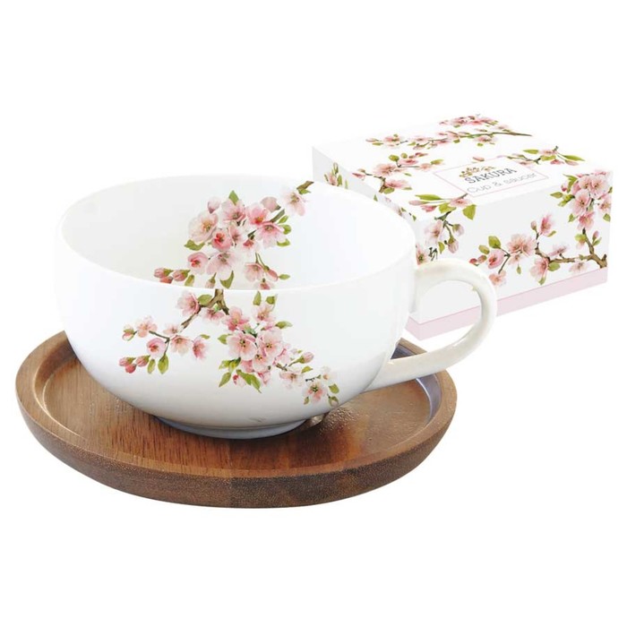 Чашка с крышкой-подставкой из акации «Японская сакура» 250 мл, в подарочной упаковке