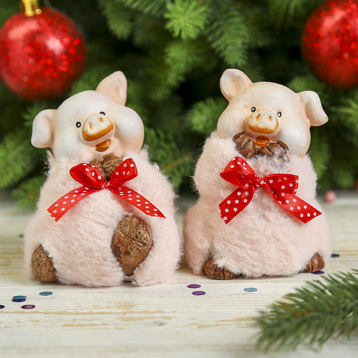 Сувенир керамика &quot;Поросёнок в розовой шубке с бантом в горох&quot; МИКС 10,5х7,5х7,5 см