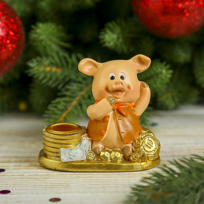 Сувенир полистоун подсвечник "Хрюша считает доллары" МИКС 7х7,5х4 см