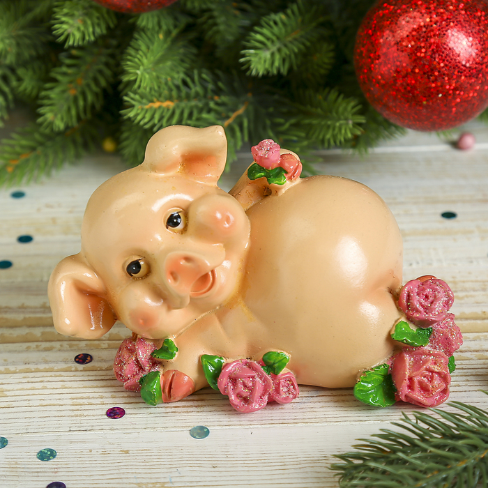 Копилка полистоун лак "Розовый поросёнок в розах" 9,8х14,8х9,5 см