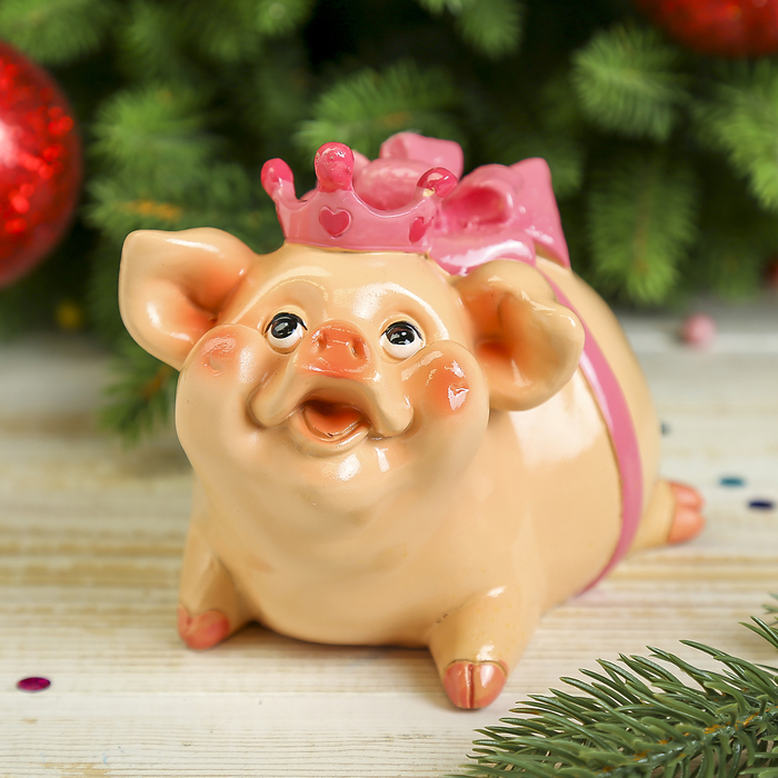 Копилка полистоун лак &quot;Розовый поросёнок в короне и с бантом&quot; 12х12,5х11 см