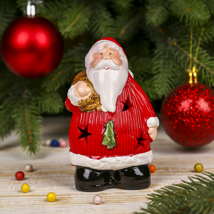Сувенир керамика световой "Дедушка Мороз в красной шубке с золотым мешком" 11х7,5х5,5 см