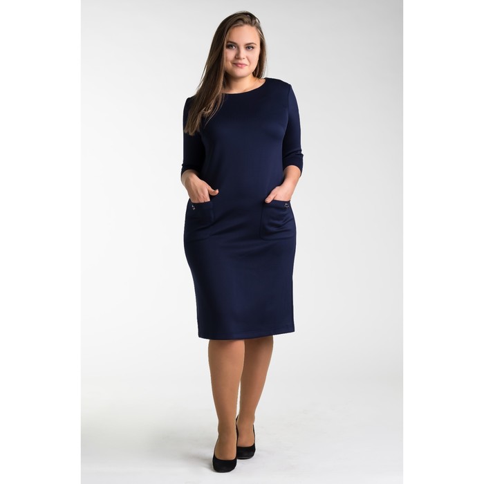 Платье женское с двумя карманами, размер 50, цвет тёмно-синий