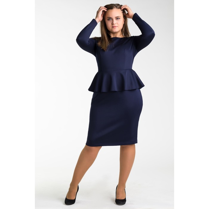 Платье женское с баской, размер 54, цвет тёмно-синий