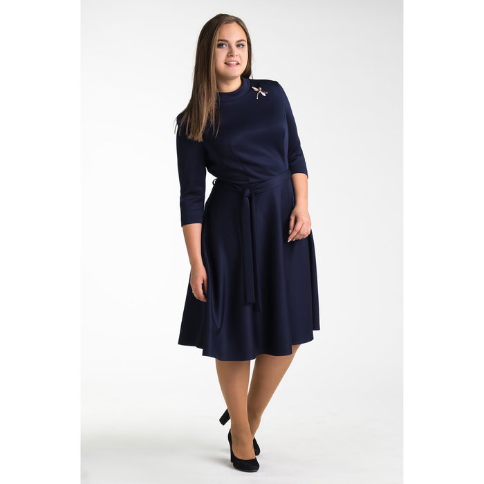 Платье женское с поясом, размер 52, цвет тёмно-синий