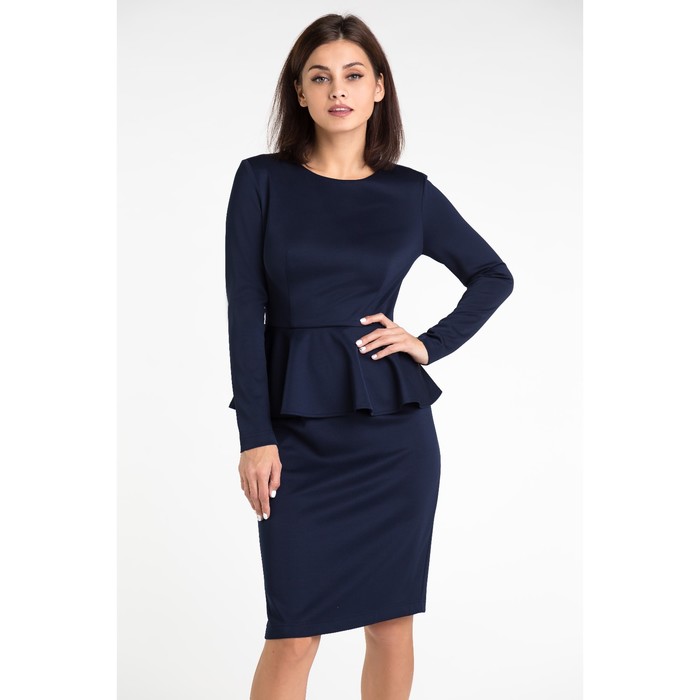 Платье женское с баской, размер 42, цвет тёмно-синий