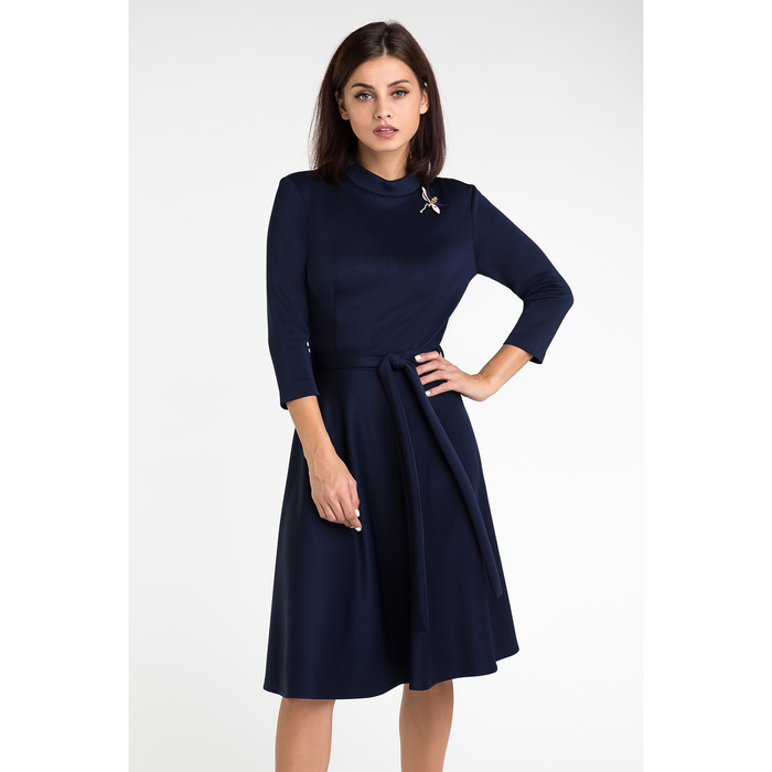 Платье женское с поясом, размер 46, цвет тёмно-синий