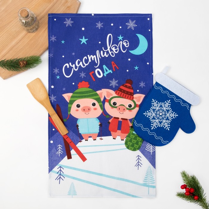 Набор "Доляна" Счастливого года, полотенце35х60см, лопатка20х5см, фетровая варежка14х22см