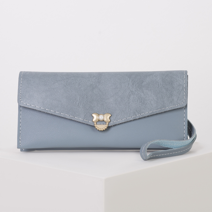 Кошелёк женский, 2 отдела, для карт, наружный карман, ручка, цвет голубой