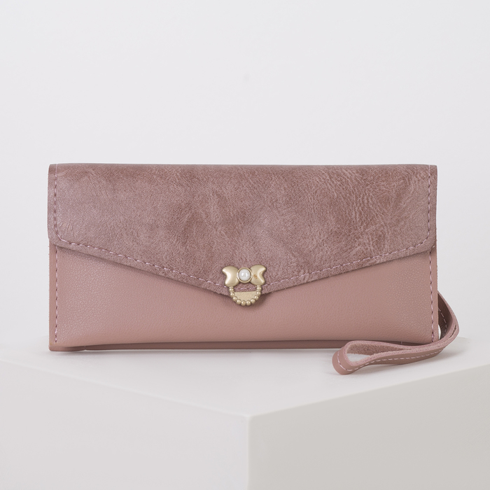 Кошелёк женский, 2 отдела, для карт, наружный карман, ручка, цвет пудровый