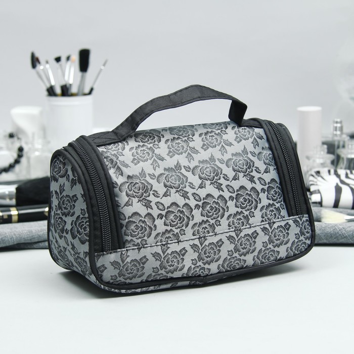 Косметичка-сумка «Розы», отдел на молнии, зеркало, цвет серый