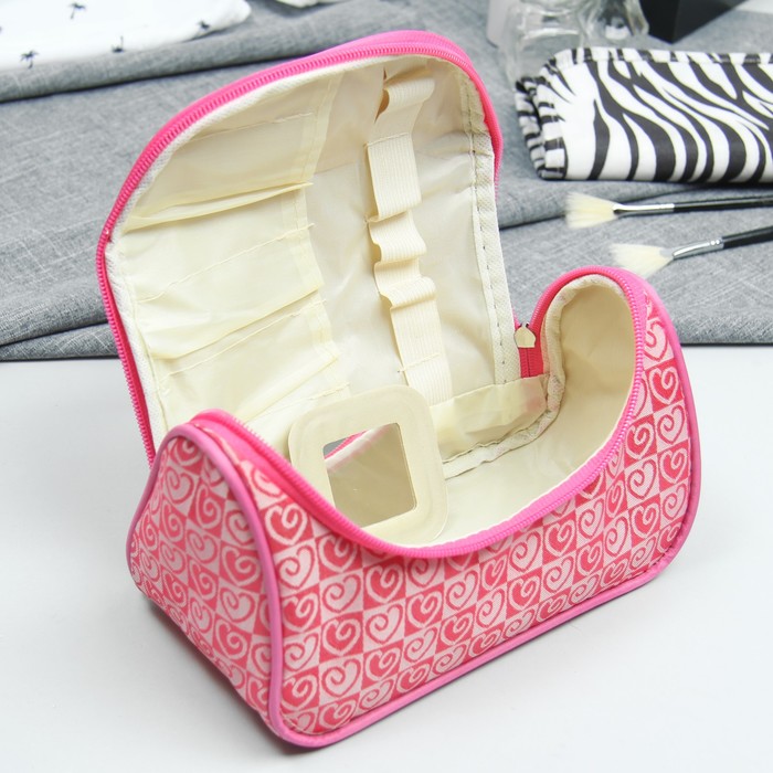 Косметичка-сумка «Сердца», отдел на молнии, зеркало, цвет розовый