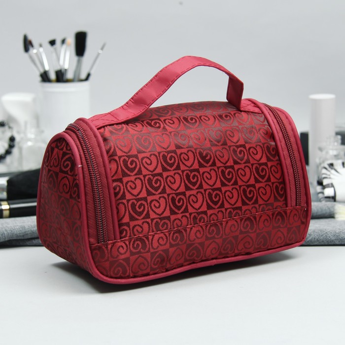 Косметичка-сумка «Сердца», отдел на молнии, зеркало, цвет бордовый