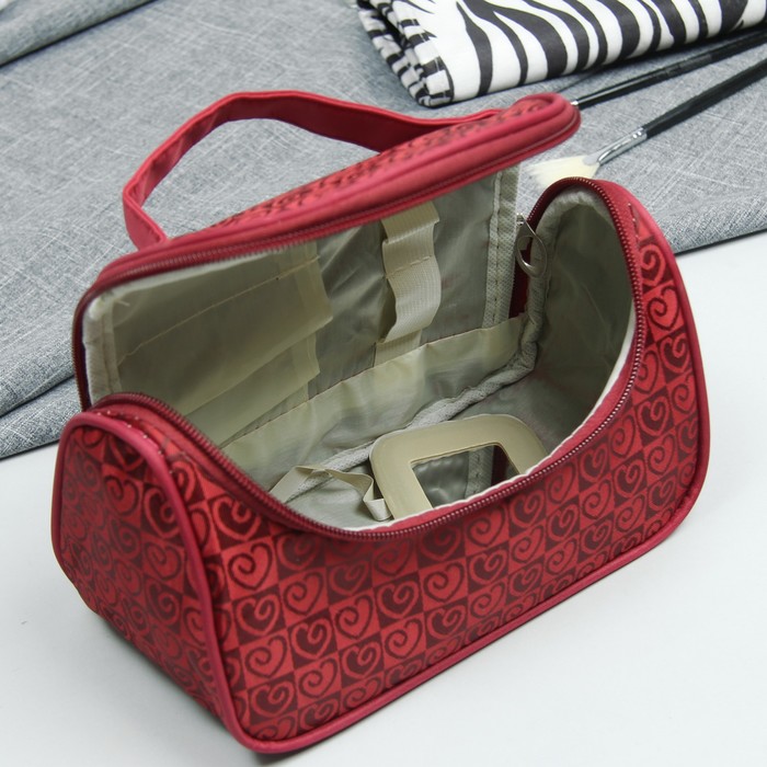 Косметичка-сумка «Сердца», отдел на молнии, зеркало, цвет бордовый