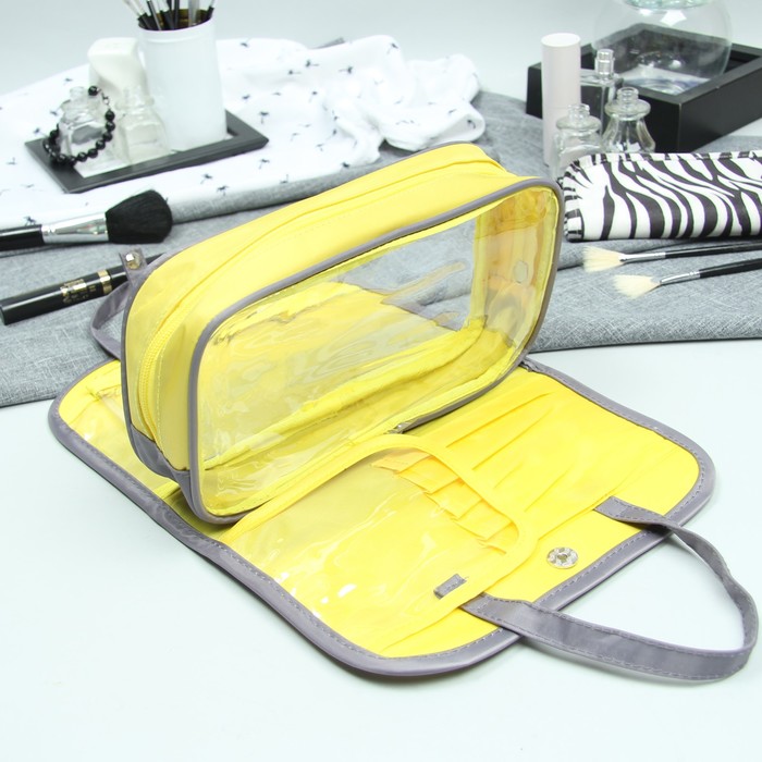 Косметичка-сумка, отдел на молнии, 2 отдела на магните, цвет бежевый/серый