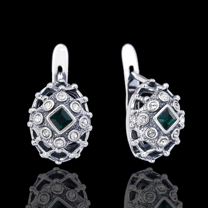 Серьги "Шарлотта", цвет бело-зелёный в чернёном серебре