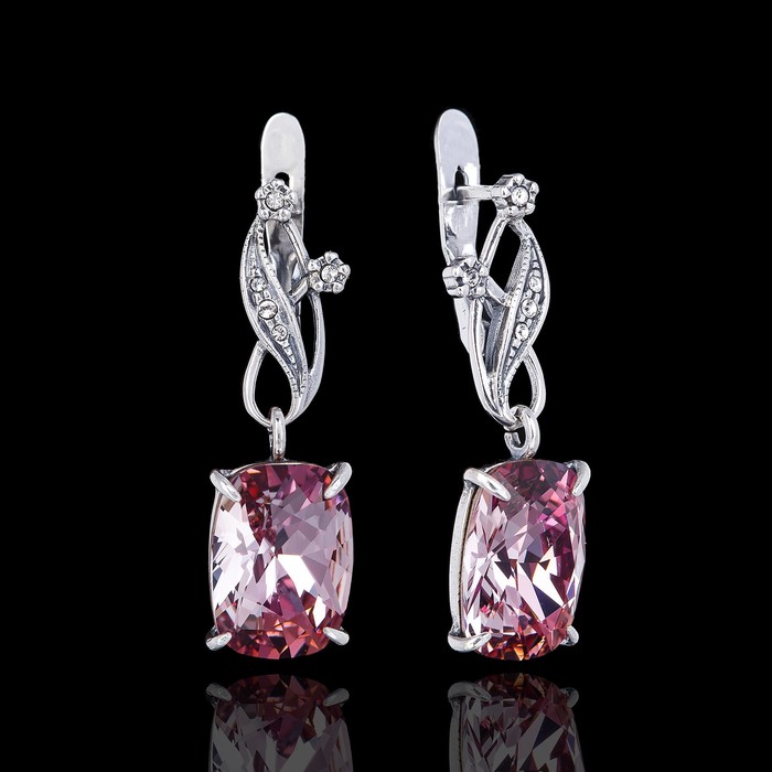 Серьги "Регина", цвет розовый в чернёном серебре