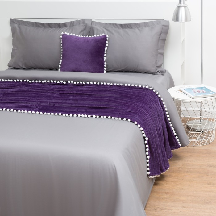 Плед "Этель" с бомбошками , фиолетовый, р-р 130х180 см, 100% П/Э, велсофт