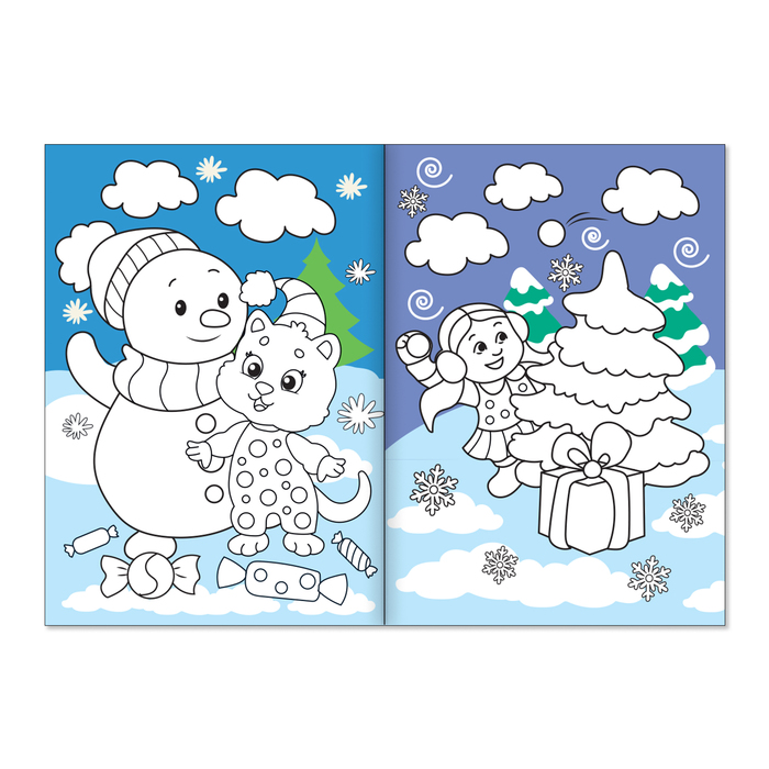 Раскраска новогодняя А4 "Котёнок и снеговик" с цветным фоном 12 стр