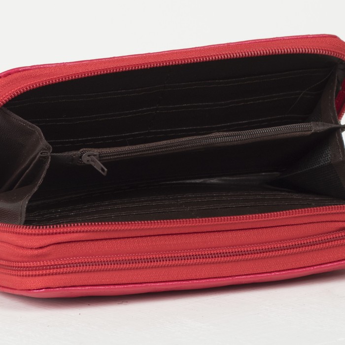 Кошелёк женский, 4 отдела на 2 молниях, для карт, для монет, с ручкой, цвет красный