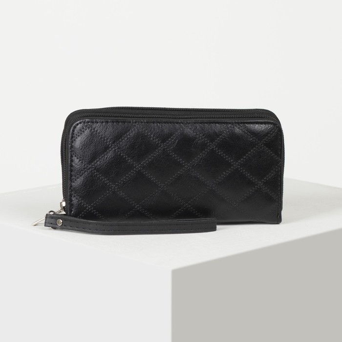 Кошелёк женский, 4 отдела на 2 молниях, для карт, для монет, с ручкой, цвет чёрный