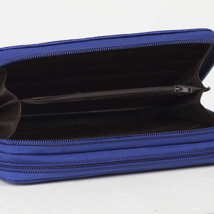 Кошелёк женский, 4 отдела на 2 молниях, для карт, для монет, с ручкой, цвет синий