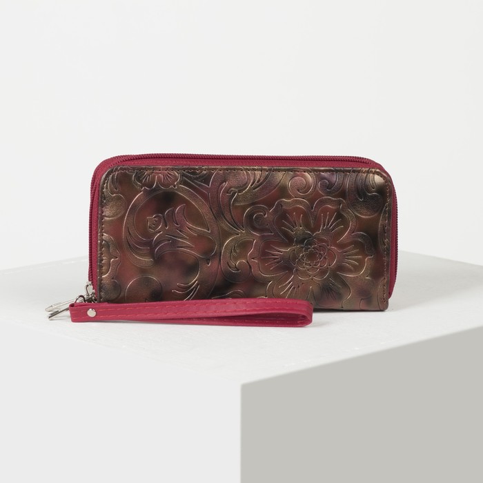 Кошелёк женский, 4 отдела на 2 молниях, для карт, для монет, с ручкой, цвет красный