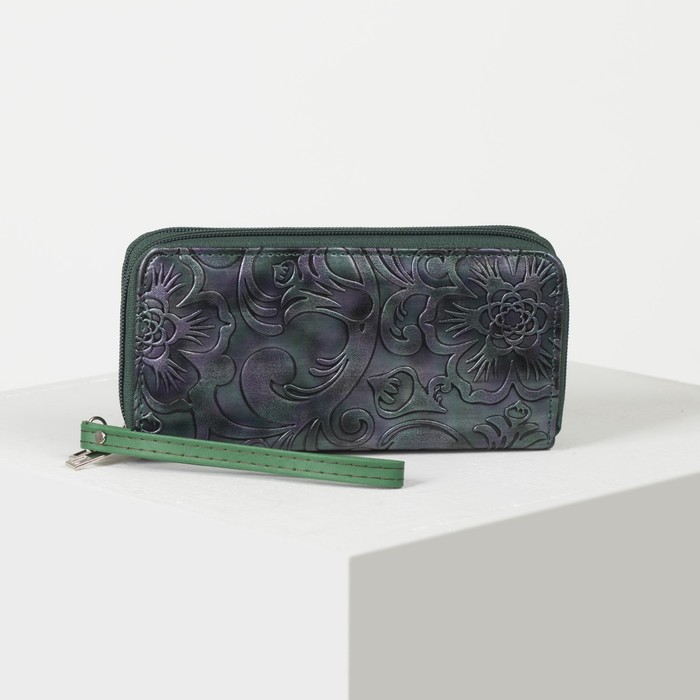 Кошелёк женский, 4 отдела на 2 молниях, для карт, для монет, с ручкой, цвет зелёный
