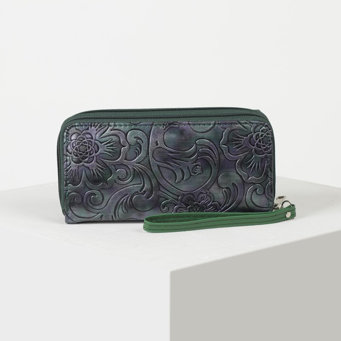 Кошелёк женский, 4 отдела на 2 молниях, для карт, для монет, с ручкой, цвет зелёный