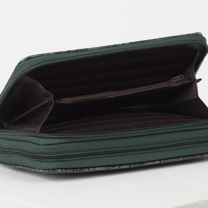 Кошелёк женский, 4 отдела на 2 молниях, для карт, для монет, с ручкой, цвет зелёный