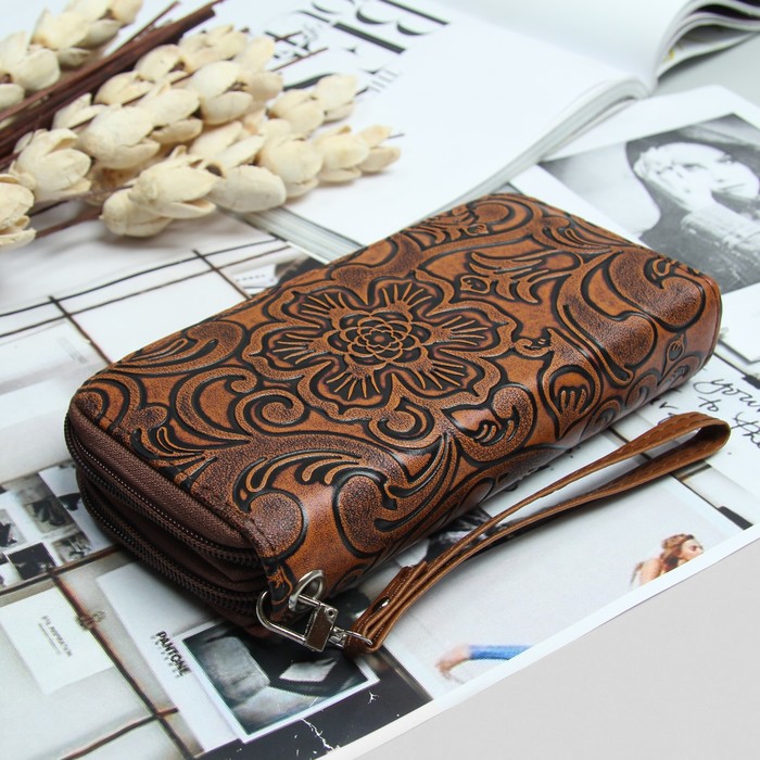 Кошелёк женский, 4 отдела на 2 молниях, для карт, для монет, с ручкой, цвет кофе