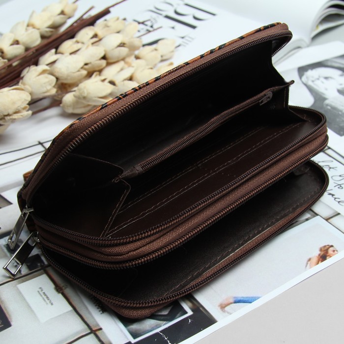 Кошелёк женский, 4 отдела на 2 молниях, для карт, для монет, с ручкой, цвет кофе