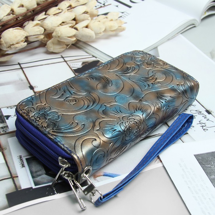 Кошелёк женский, 4 отдела на 2 молниях, для карт, для монет, с ручкой, цвет синий